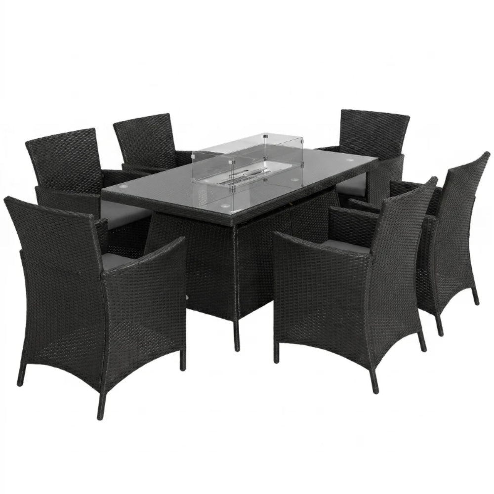 Outsunny 7 Pieces Outdoor Rattan Garden Furniture with Fire Pit Table, 6 Seater Garden Table and Chairs with Cushions, Rattan Dining Set with Propane Heater Table, Windscreen, 50,000 BTU
