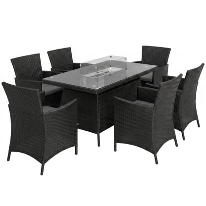 Outsunny 7 Pieces Outdoor Rattan Garden Furniture with Fire Pit Table, 6 Seater Garden Table and Chairs with Cushions, Rattan Dining Set with Propane Heater Table, Windscreen, 50,000 BTU