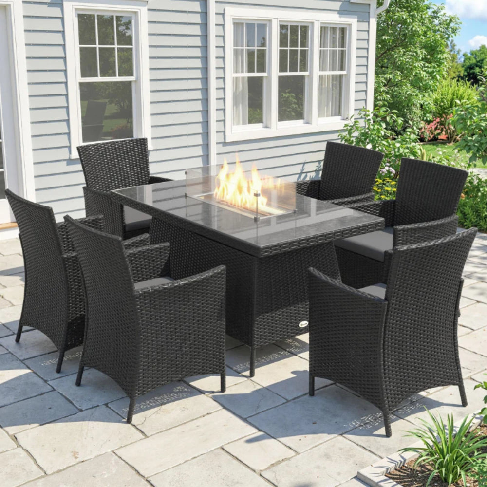 Outsunny 7 Pieces Outdoor Rattan Garden Furniture with Fire Pit Table, 6 Seater Garden Table and Chairs with Cushions, Rattan Dining Set with Propane Heater Table, Windscreen, 50,000 BTU