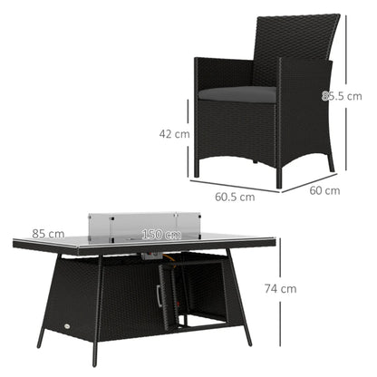 Outsunny 7 Pieces Outdoor Rattan Garden Furniture with Fire Pit Table, 6 Seater Garden Table and Chairs with Cushions, Rattan Dining Set with Propane Heater Table, Windscreen, 50,000 BTU