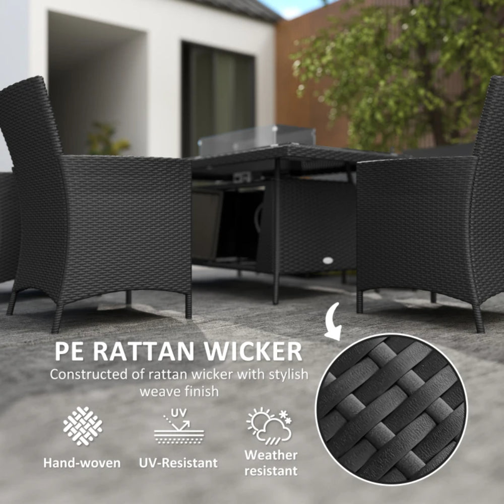 Outsunny 7 Pieces Outdoor Rattan Garden Furniture with Fire Pit Table, 6 Seater Garden Table and Chairs with Cushions, Rattan Dining Set with Propane Heater Table, Windscreen, 50,000 BTU