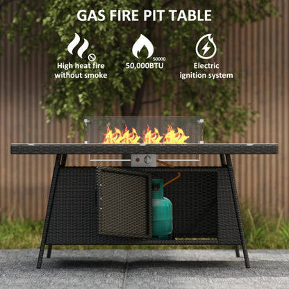 Outsunny 7 Pieces Outdoor Rattan Garden Furniture with Fire Pit Table, 6 Seater Garden Table and Chairs with Cushions, Rattan Dining Set with Propane Heater Table, Windscreen, 50,000 BTU