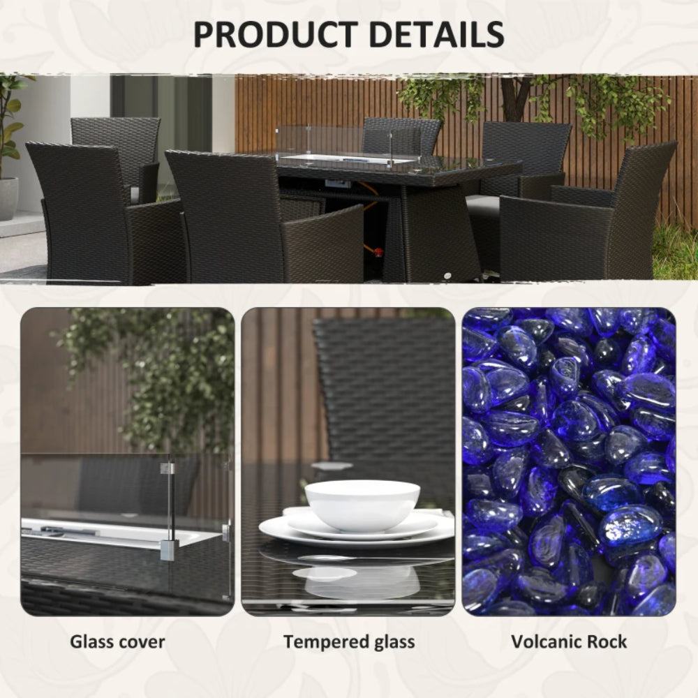 Outsunny 7 Pieces Outdoor Rattan Garden Furniture with Fire Pit Table, 6 Seater Garden Table and Chairs with Cushions, Rattan Dining Set with Propane Heater Table, Windscreen, 50,000 BTU