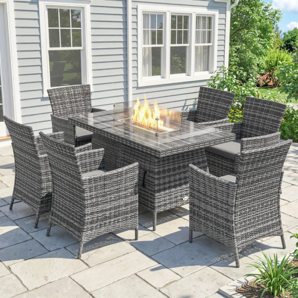 Outsunny 7 Pieces Outdoor Rattan Garden Furniture with Fire Pit Table, 6 Seater Garden Table and Chairs with Cushions, Rattan Dining Set with Propane Heater Table, Windscreen, 50,000 BTU