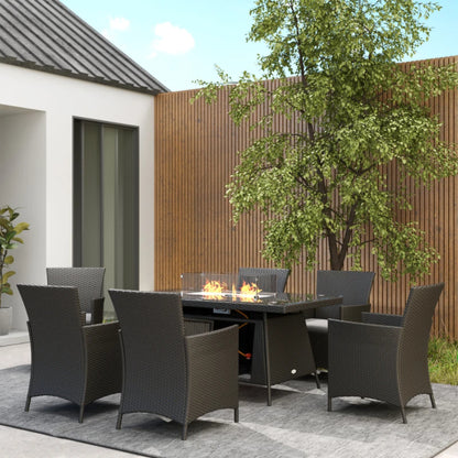 Outsunny 7 Pieces Outdoor Rattan Garden Furniture with Fire Pit Table, 6 Seater Garden Table and Chairs with Cushions, Rattan Dining Set with Propane Heater Table, Windscreen, 50,000 BTU
