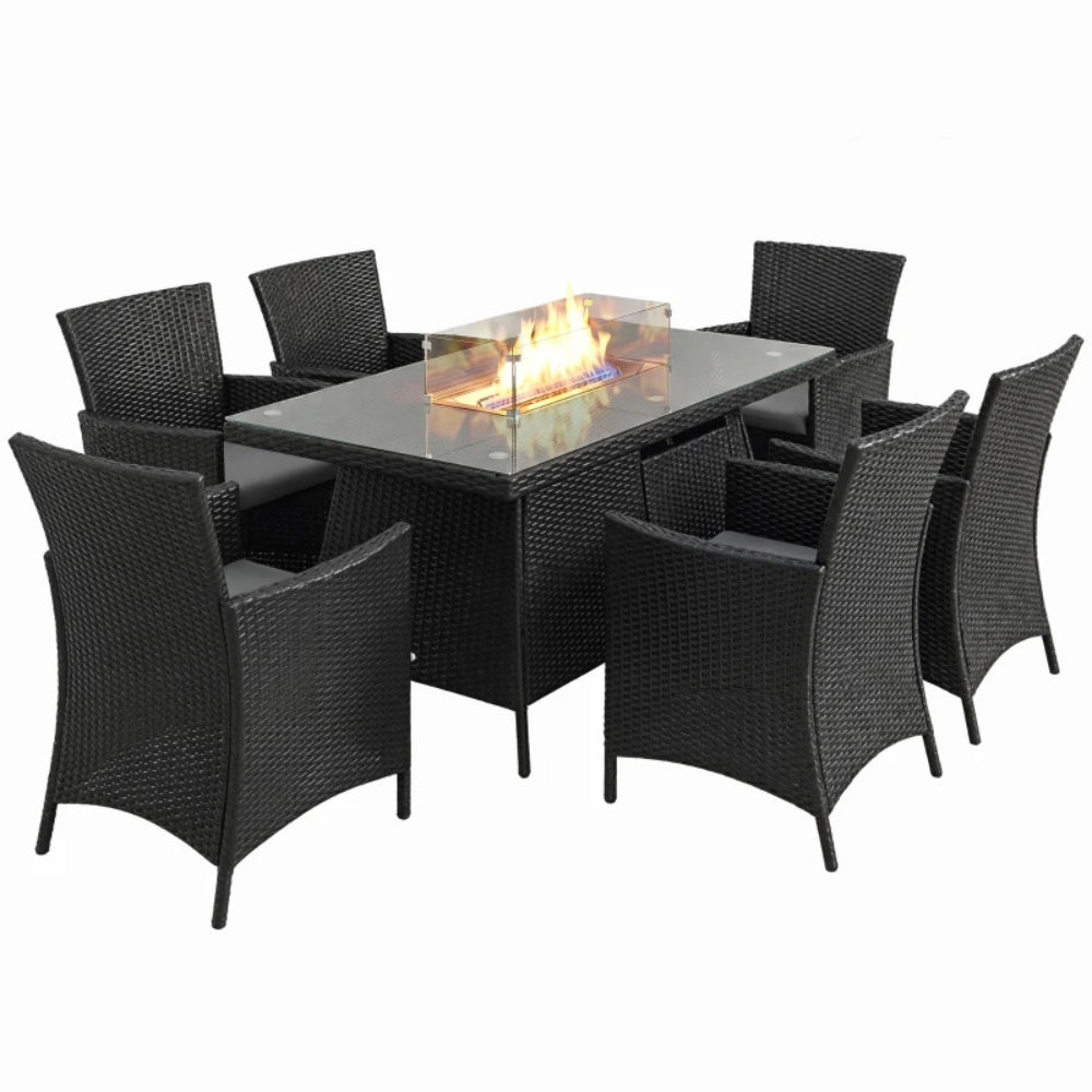 Outsunny 7 Pieces Outdoor Rattan Garden Furniture with Fire Pit Table, 6 Seater Garden Table and Chairs with Cushions, Rattan Dining Set with Propane Heater Table, Windscreen, 50,000 BTU
