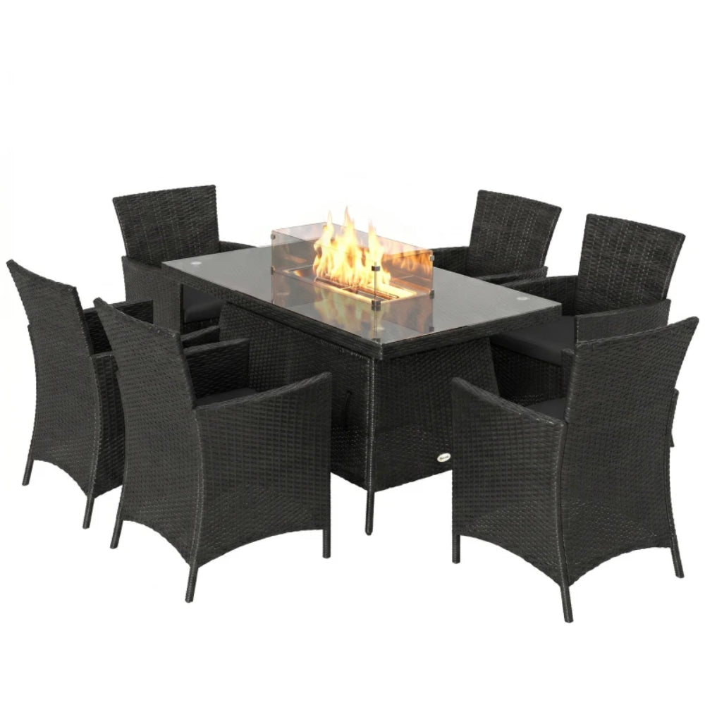 Outsunny 7 Pieces Outdoor Rattan Garden Furniture with Fire Pit Table, 6 Seater Garden Table and Chairs with Cushions, Rattan Dining Set with Propane Heater Table, Windscreen, 50,000 BTU