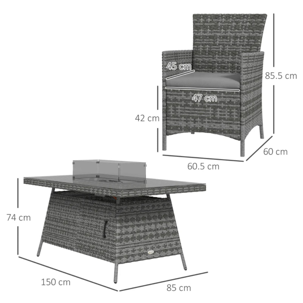 Outsunny 7 Pieces Outdoor Rattan Garden Furniture with Fire Pit Table, 6 Seater Garden Table and Chairs with Cushions, Rattan Dining Set with Propane Heater Table, Windscreen, 50,000 BTU