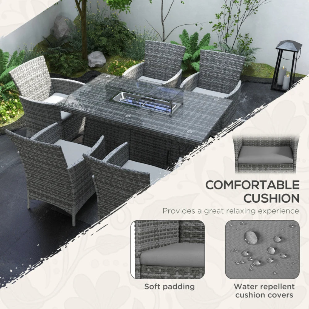 Outsunny 7 Pieces Outdoor Rattan Garden Furniture with Fire Pit Table, 6 Seater Garden Table and Chairs with Cushions, Rattan Dining Set with Propane Heater Table, Windscreen, 50,000 BTU