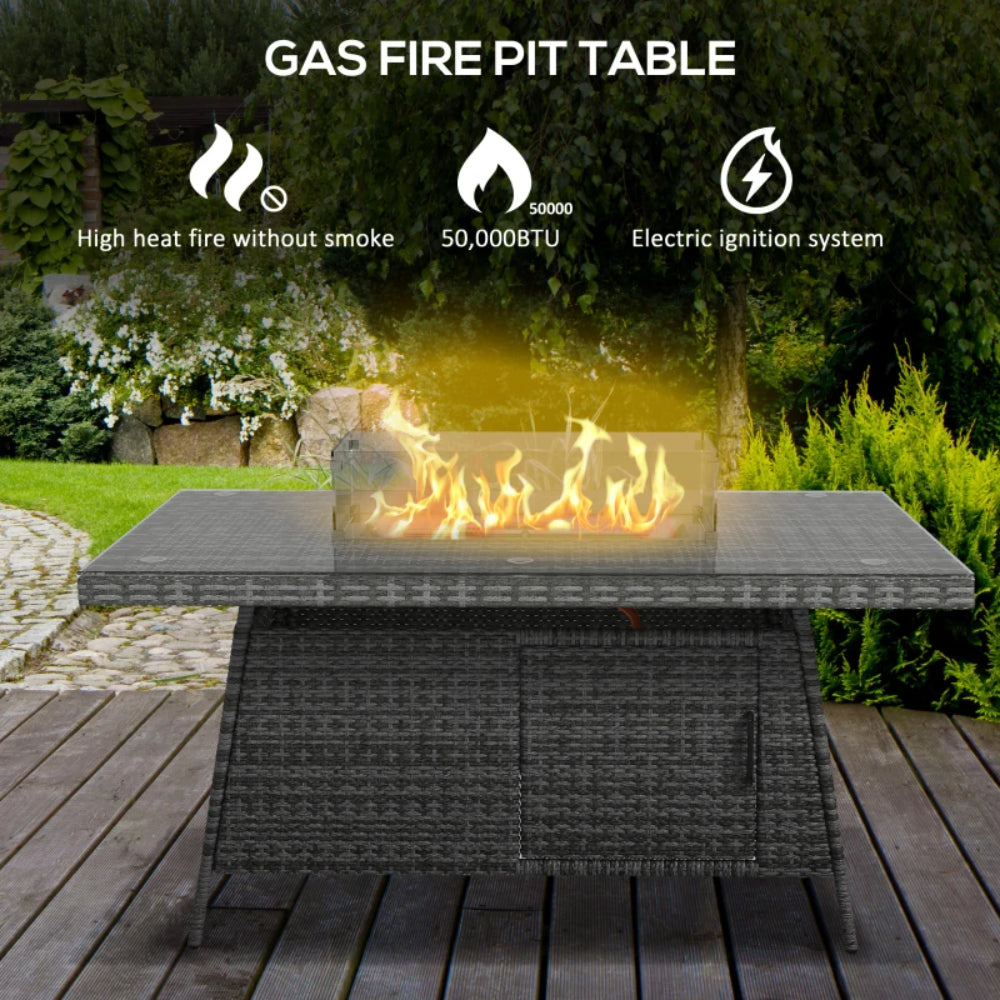 Outsunny 7 Pieces Outdoor Rattan Garden Furniture with Fire Pit Table, 6 Seater Garden Table and Chairs with Cushions, Rattan Dining Set with Propane Heater Table, Windscreen, 50,000 BTU