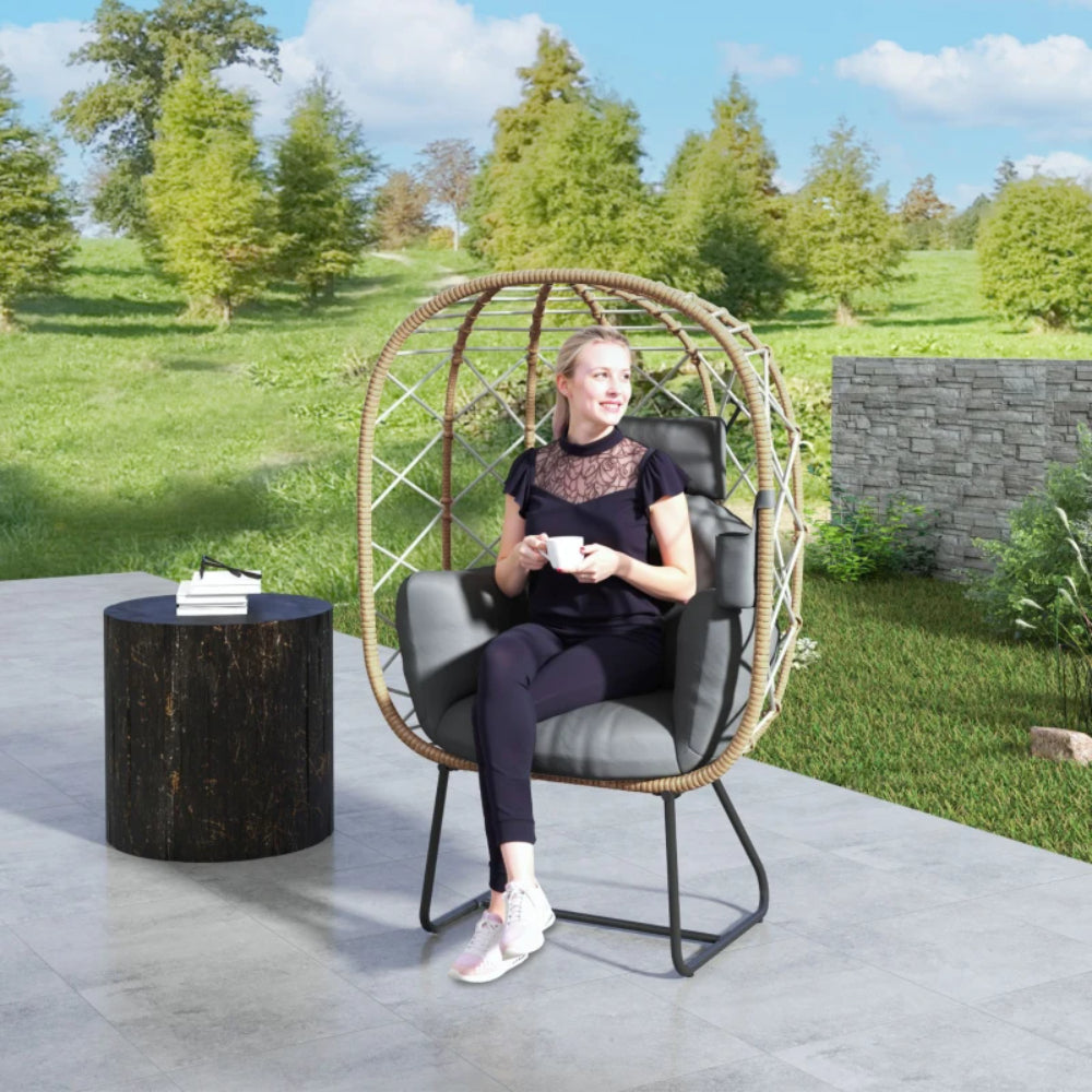 Outsunny Rattan Egg Chair Outdoor Indoor Wicker Chair with Thickened Cushion and Headrest, Standing Garden Egg Chair with Cup Holder, Metal Frame for Patio, Balcony, Brown