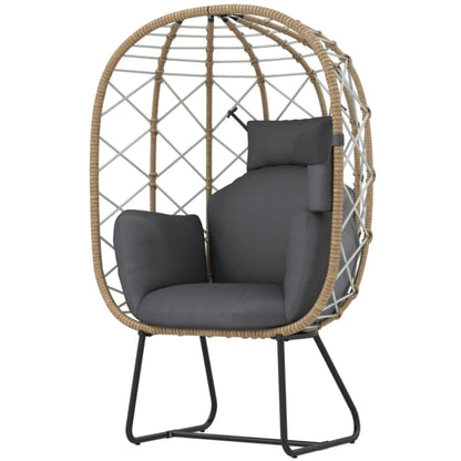 Outsunny Rattan Egg Chair Outdoor Indoor Wicker Chair with Thickened Cushion and Headrest, Standing Garden Egg Chair with Cup Holder, Metal Frame for Patio, Balcony, Brown