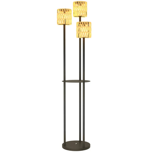 Outsunny Boho Rattan Floor Lamp, 3-Lights Rattan Lamp with Shelf, Freestanding Solar Garden Light with Auto On/Off Lights, IP44 Waterproof for Porch, Pathway, Terrace, Yellow