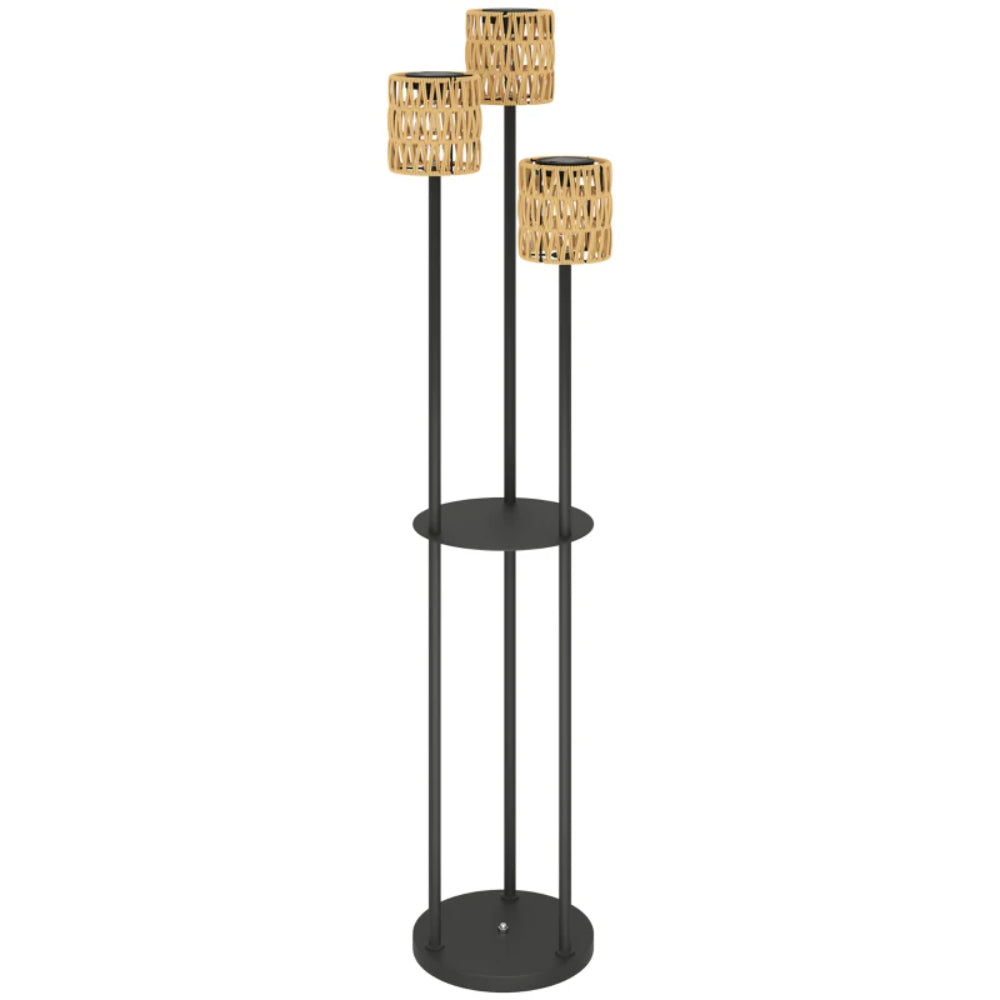 Outsunny Boho Rattan Floor Lamp, 3-Lights Rattan Lamp with Shelf, Freestanding Solar Garden Light with Auto On/Off Lights, IP44 Waterproof for Porch, Pathway, Terrace, Yellow
