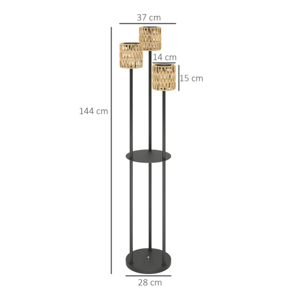 Outsunny Boho Rattan Floor Lamp, 3-Lights Rattan Lamp with Shelf, Freestanding Solar Garden Light with Auto On/Off Lights, IP44 Waterproof for Porch, Pathway, Terrace, Yellow