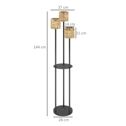 Outsunny Boho Rattan Floor Lamp, 3-Lights Rattan Lamp with Shelf, Freestanding Solar Garden Light with Auto On/Off Lights, IP44 Waterproof for Porch, Pathway, Terrace, Yellow