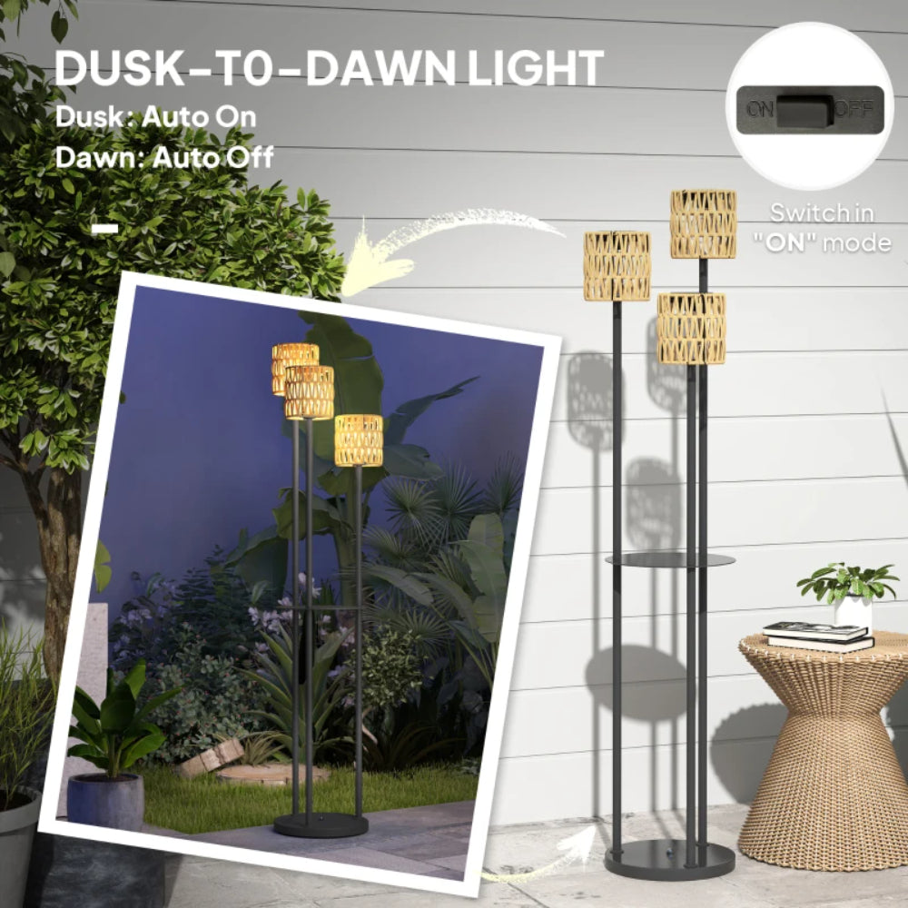 Outsunny Boho Rattan Floor Lamp, 3-Lights Rattan Lamp with Shelf, Freestanding Solar Garden Light with Auto On/Off Lights, IP44 Waterproof for Porch, Pathway, Terrace, Yellow