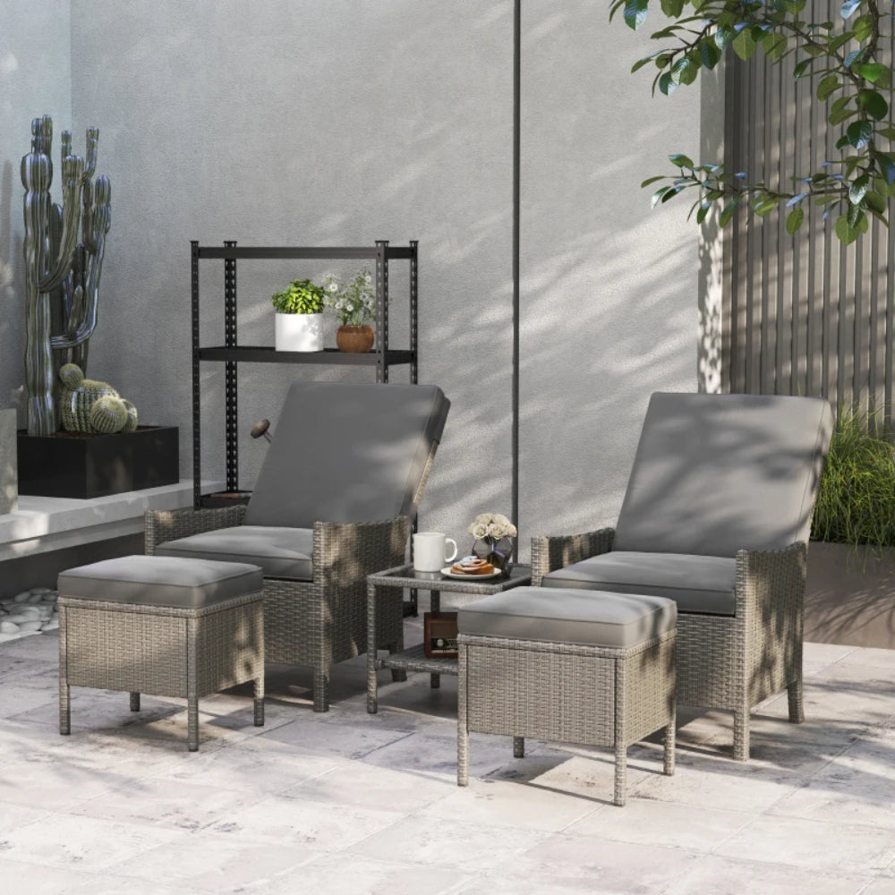Outsunny 5 Piece Rattan Garden Furniture Set, Wicker Patio Sofa Set with 2 Armchairs, 2 Footstools, Glass Top Coffee Table with Shelf, Outdoor Furniture with Adjustable Backrests, Cushions, Dark Grey