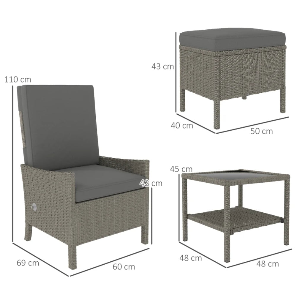 Outsunny 5 Piece Rattan Garden Furniture Set, Wicker Patio Sofa Set with 2 Armchairs, 2 Footstools, Glass Top Coffee Table with Shelf, Outdoor Furniture with Adjustable Backrests, Cushions, Dark Grey