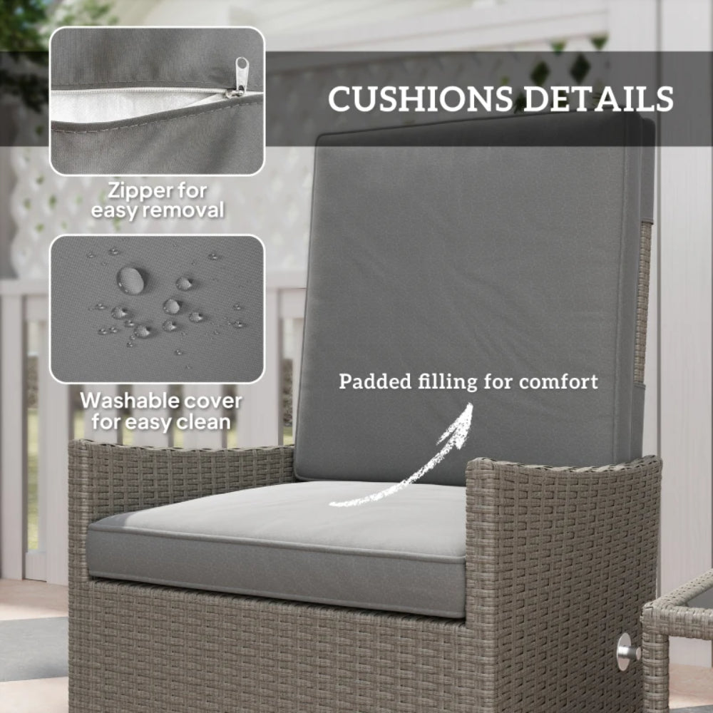 Outsunny 5 Piece Rattan Garden Furniture Set, Wicker Patio Sofa Set with 2 Armchairs, 2 Footstools, Glass Top Coffee Table with Shelf, Outdoor Furniture with Adjustable Backrests, Cushions, Dark Grey