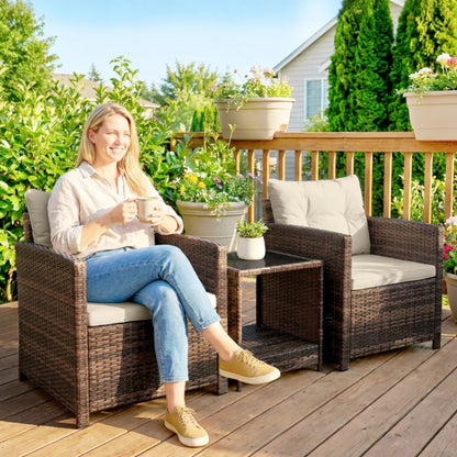 Outsunny Rattan Bistro Set, 3 Piece Garden Furniture Set with 2 Tier Glass Top Table