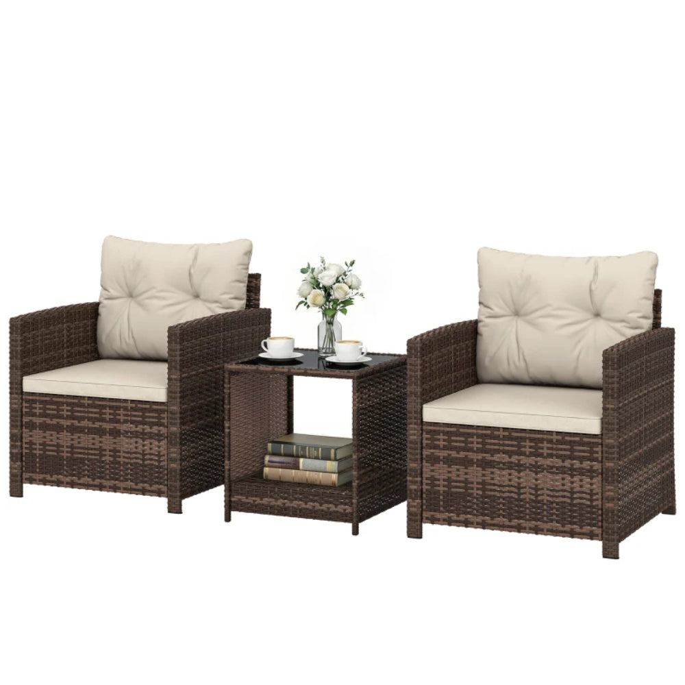Outsunny Rattan Bistro Set, 3 Piece Garden Furniture Set with 2 Tier Glass Top Table