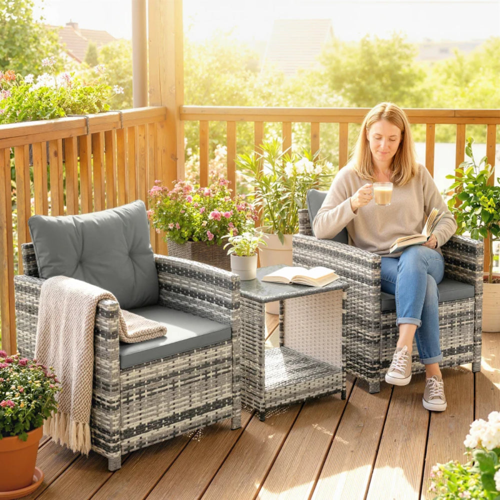 Outsunny Rattan Bistro Set, 3 Piece Garden Furniture Set with 2 Tier Glass Top Table