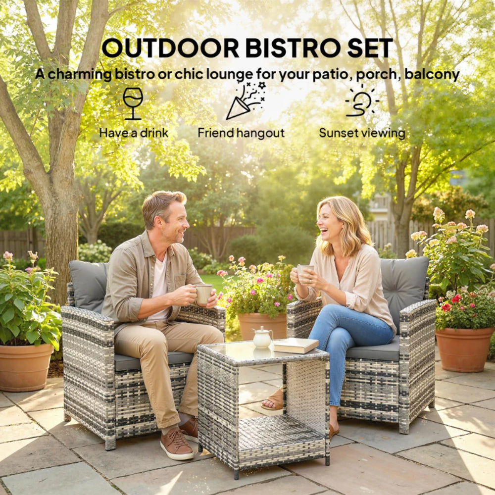 Outsunny Rattan Bistro Set, 3 Piece Garden Furniture Set with 2 Tier Glass Top Table