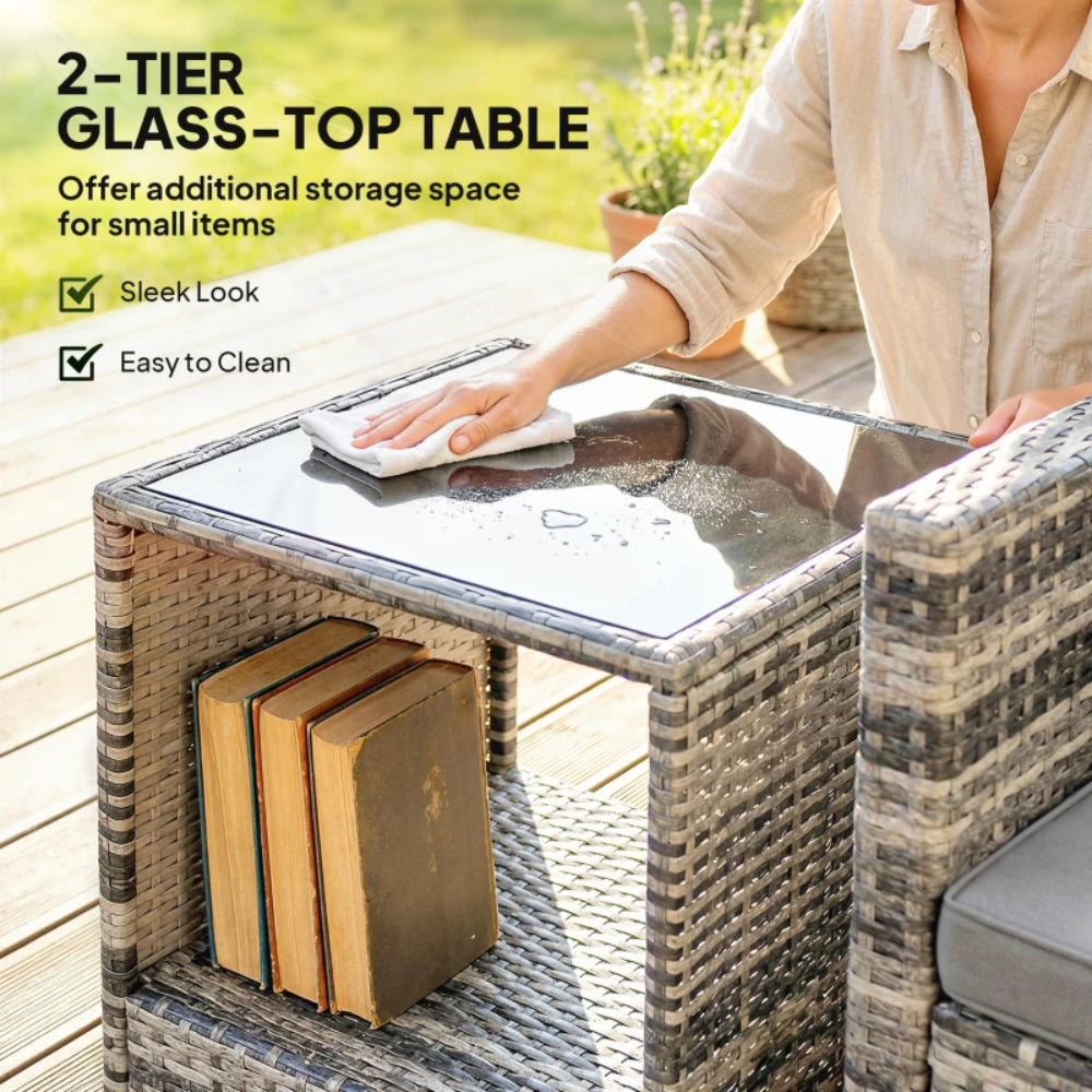 Outsunny Rattan Bistro Set, 3 Piece Garden Furniture Set with 2 Tier Glass Top Table