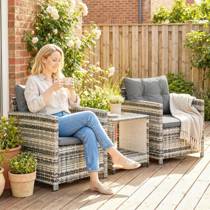 Outsunny Rattan Bistro Set, 3 Piece Garden Furniture Set with 2 Tier Glass Top Table