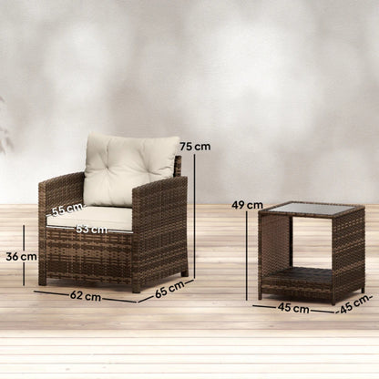 Outsunny Rattan Bistro Set, 3 Piece Garden Furniture Set with 2 Tier Glass Top Table