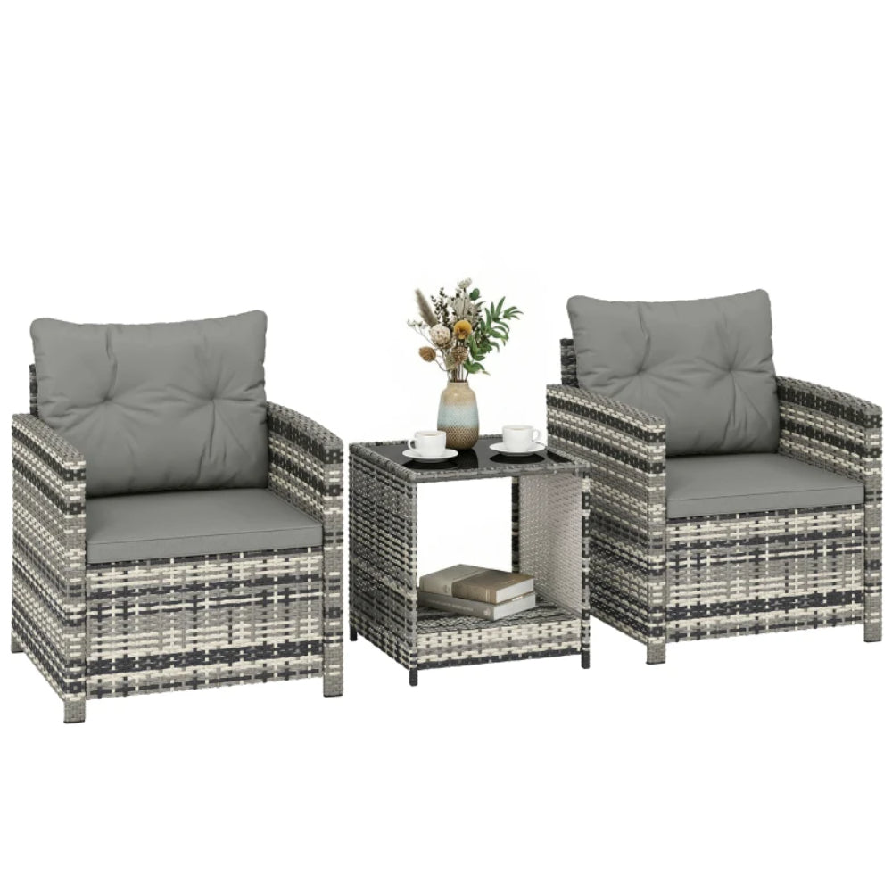 Outsunny Rattan Bistro Set, 3 Piece Garden Furniture Set with 2 Tier Glass Top Table