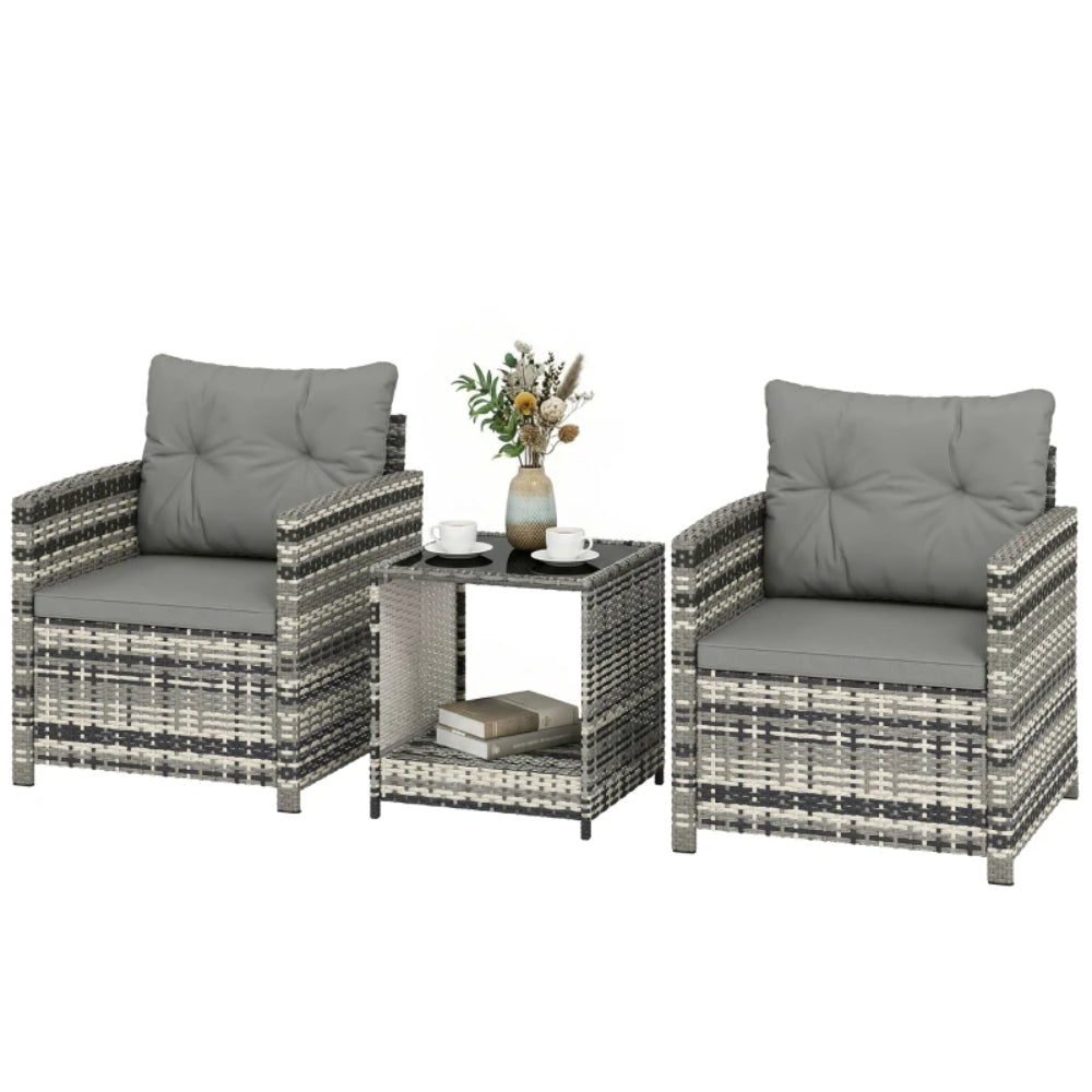 Outsunny Rattan Bistro Set, 3 Piece Garden Furniture Set with 2 Tier Glass Top Table