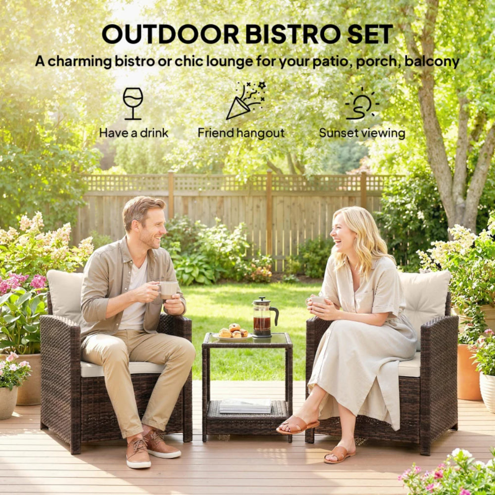 Outsunny Rattan Bistro Set, 3 Piece Garden Furniture Set with 2 Tier Glass Top Table