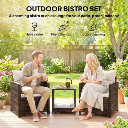 Outsunny Rattan Bistro Set, 3 Piece Garden Furniture Set with 2 Tier Glass Top Table