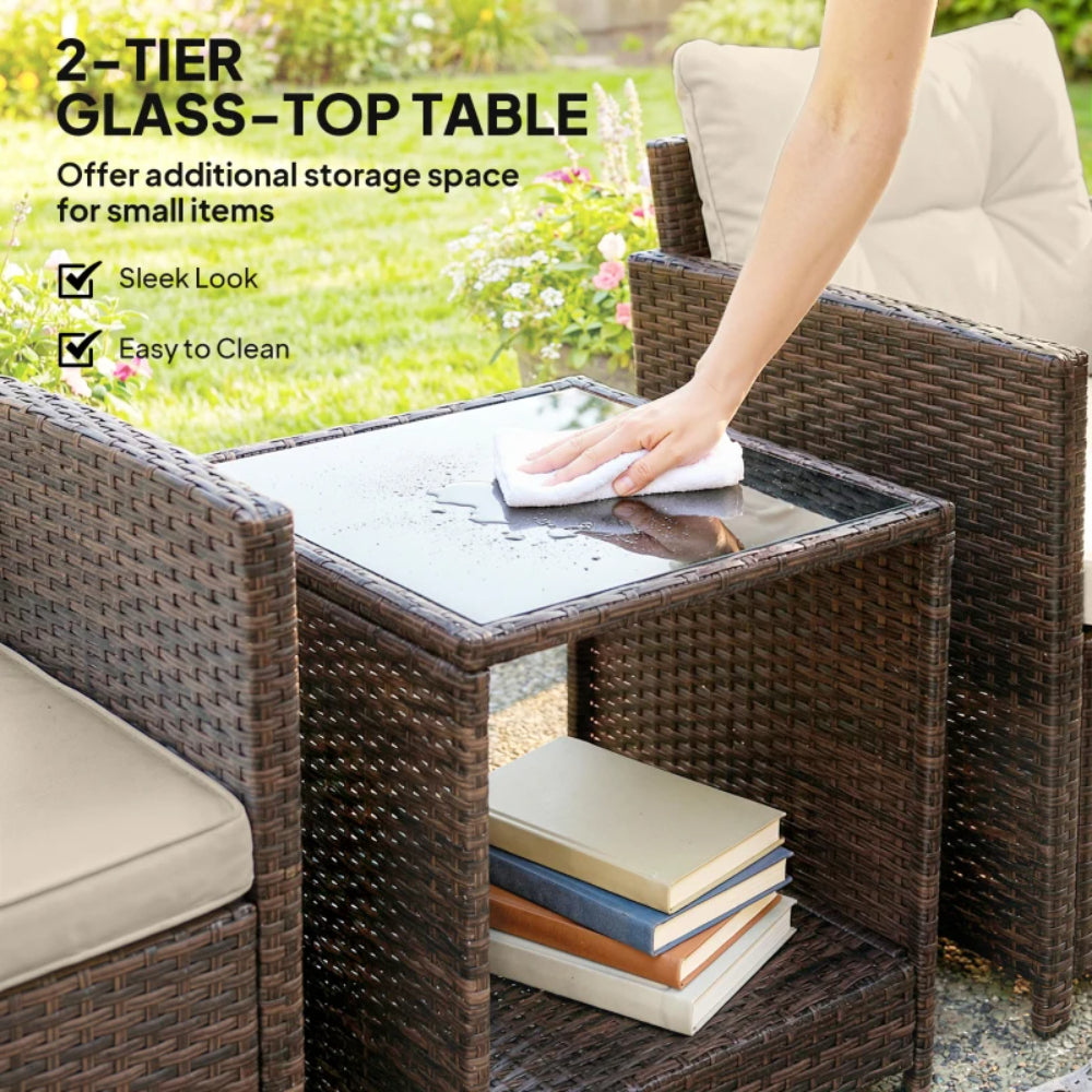 Outsunny Rattan Bistro Set, 3 Piece Garden Furniture Set with 2 Tier Glass Top Table
