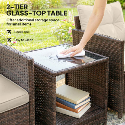 Outsunny Rattan Bistro Set, 3 Piece Garden Furniture Set with 2 Tier Glass Top Table