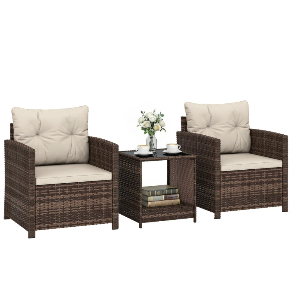 Outsunny Rattan Bistro Set, 3 Piece Garden Furniture Set with 2 Tier Glass Top Table