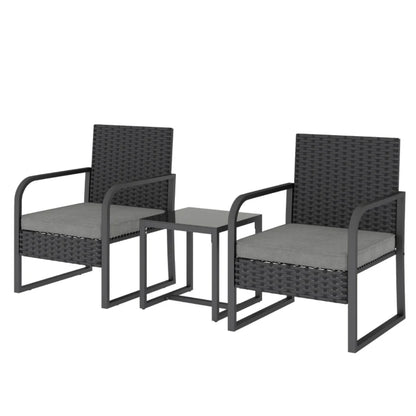 Outsunny Rattan Bistro Set, 3 Piece Garden Furniture Set with Cushions and Glass Top Table, Black