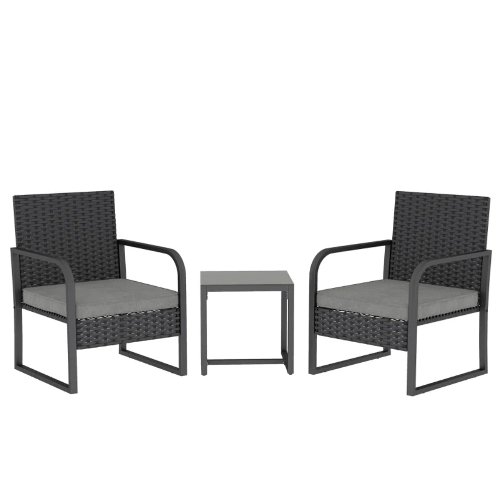 Outsunny Rattan Bistro Set, 3 Piece Garden Furniture Set with Cushions and Glass Top Table, Black