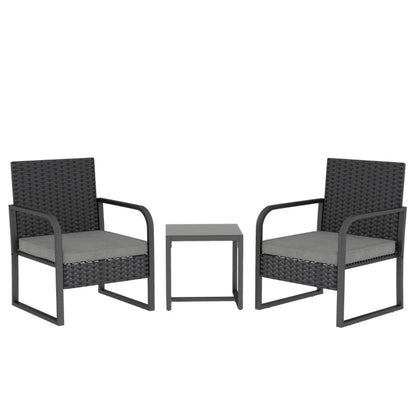 Outsunny Rattan Bistro Set, 3 Piece Garden Furniture Set with Cushions and Glass Top Table, Black