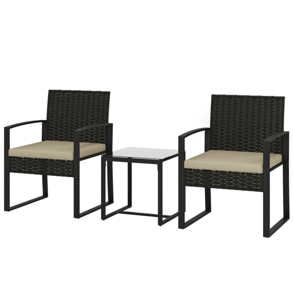 Outsunny Rattan Bistro Set, 3 Piece Garden Furniture Set with Glass Top Table and Cushions