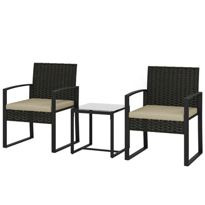 Outsunny Rattan Bistro Set, 3 Piece Garden Furniture Set with Glass Top Table and Cushions