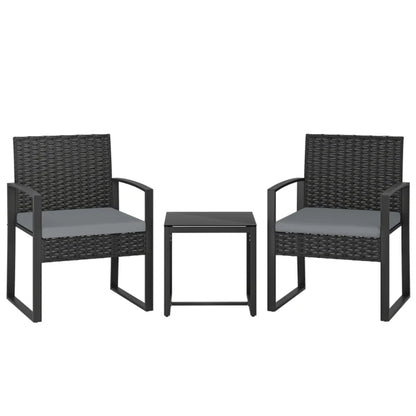 Outsunny Rattan Bistro Set, 3 Piece Garden Furniture Set with Glass Top Table and Cushions