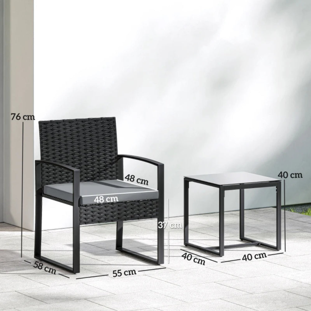 Outsunny Rattan Bistro Set, 3 Piece Garden Furniture Set with Glass Top Table and Cushions