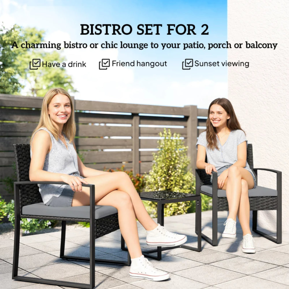 Outsunny Rattan Bistro Set, 3 Piece Garden Furniture Set with Glass Top Table and Cushions