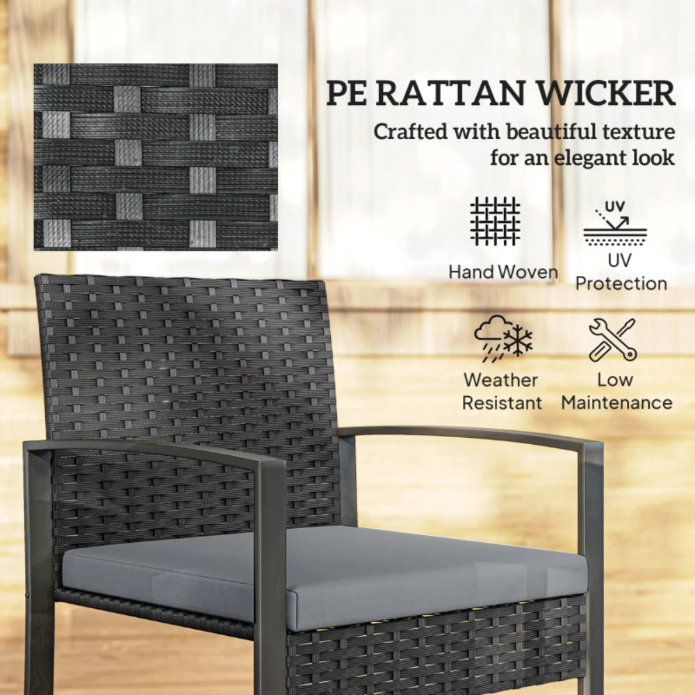 Outsunny Rattan Bistro Set, 3 Piece Garden Furniture Set with Glass Top Table and Cushions