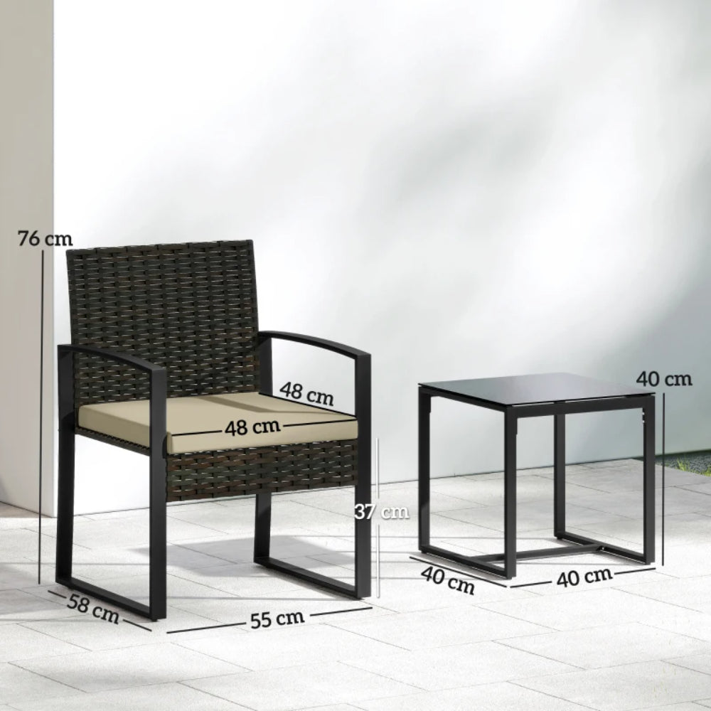 Outsunny Rattan Bistro Set, 3 Piece Garden Furniture Set with Glass Top Table and Cushions