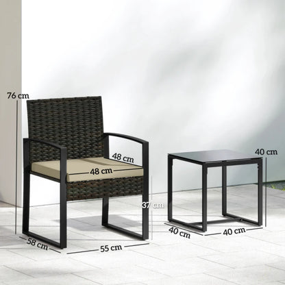 Outsunny Rattan Bistro Set, 3 Piece Garden Furniture Set with Glass Top Table and Cushions