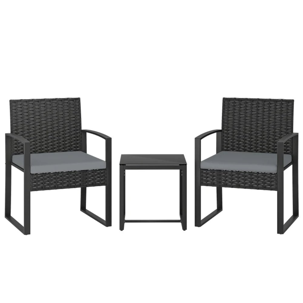 Outsunny Rattan Bistro Set, 3 Piece Garden Furniture Set with Glass Top Table and Cushions